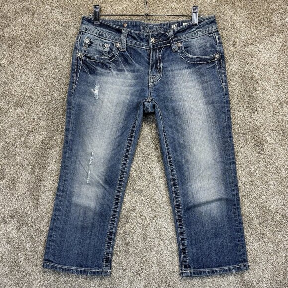Miss Me Jeans Women 28 Blue Capri Low Rise Flap Pockets Distressed Stretch Denim - Picture 2 of 13